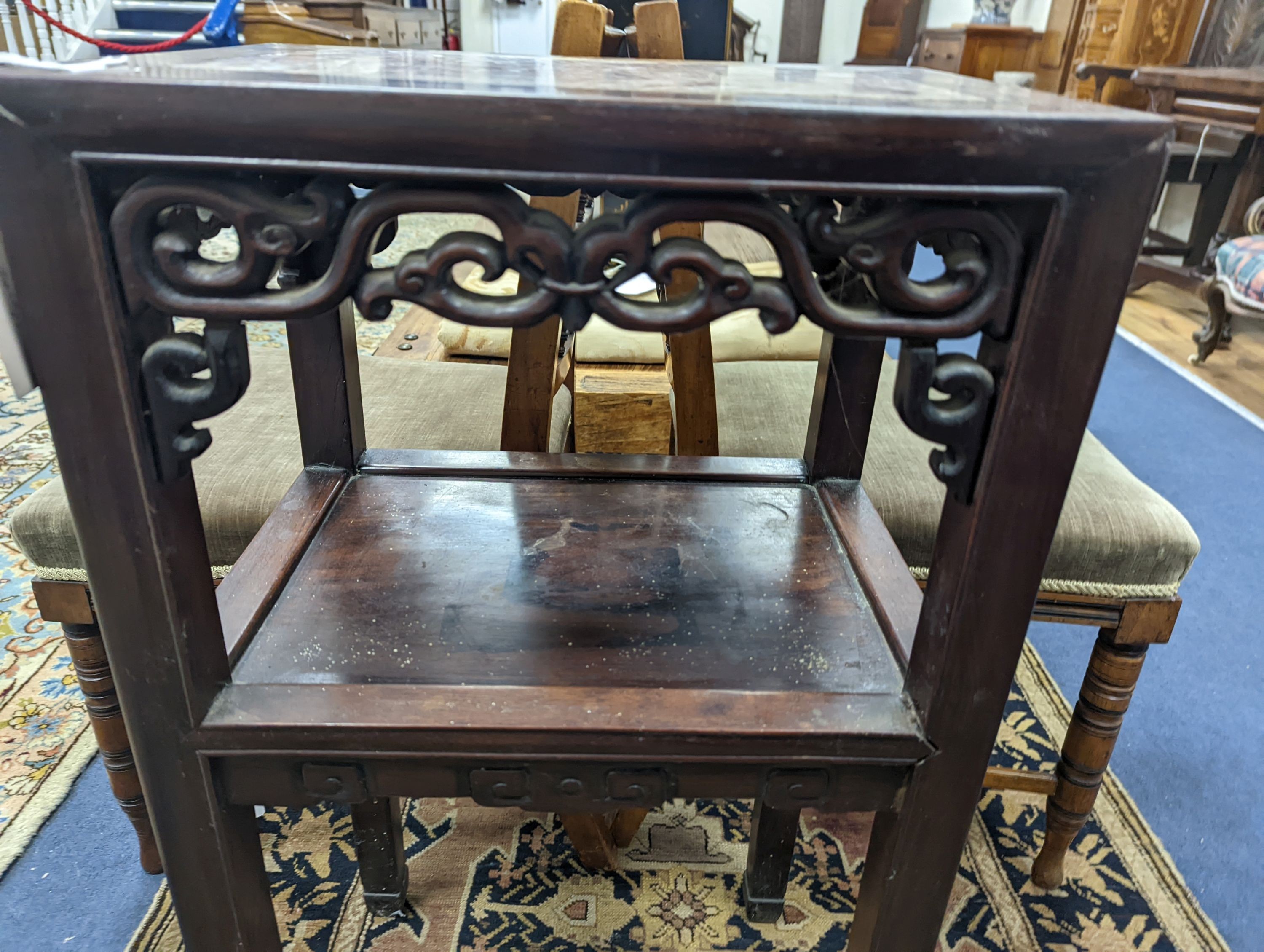 A late 19th century Chinese marble inset hardwood occasional table, width 41cm, height 79cm